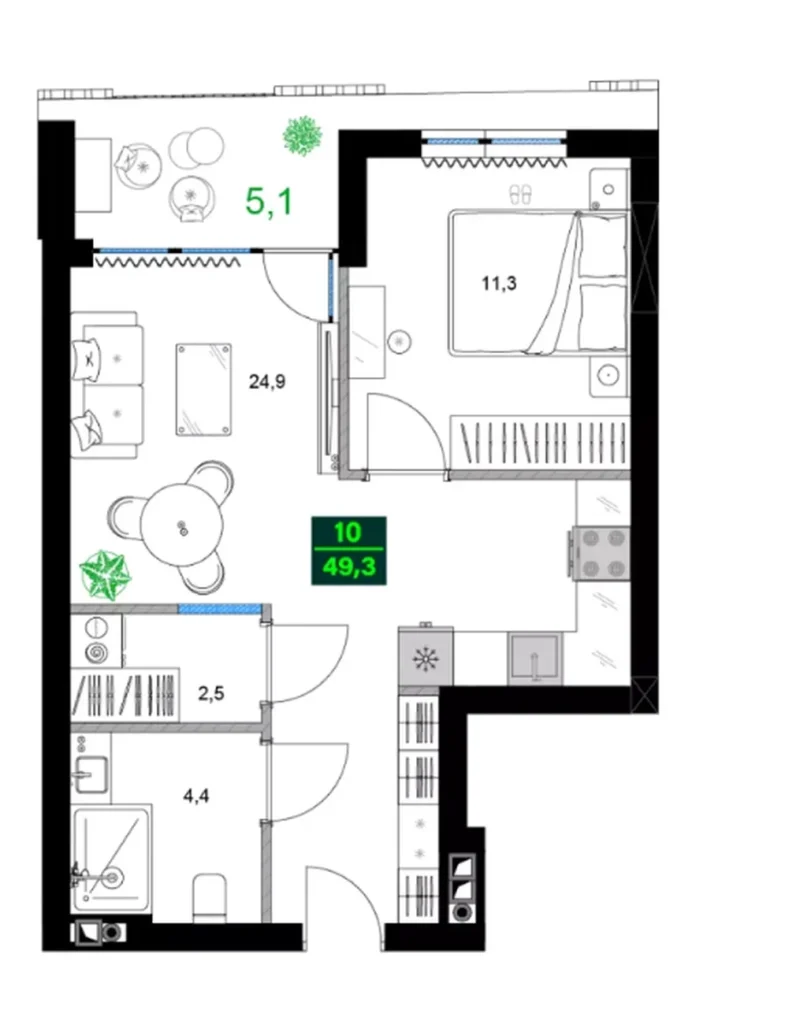 Комфортная 1-комнатная квартира 49.30 м² в
