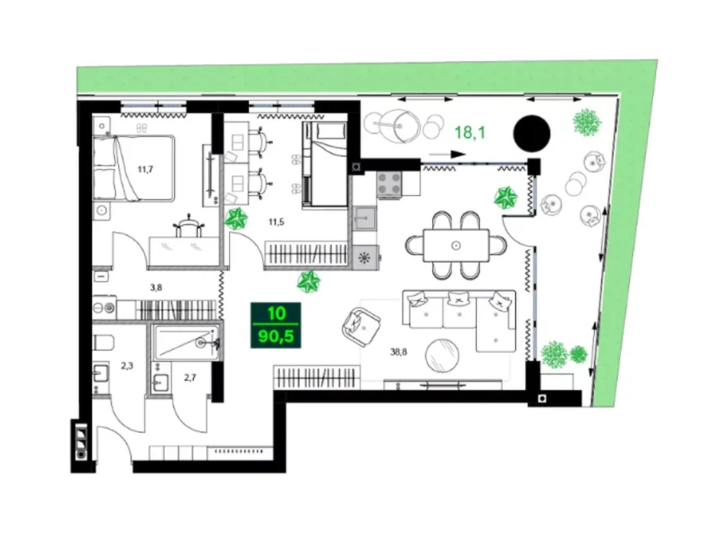 Laconic two-bedroom apartment with study 90.50 sqm in