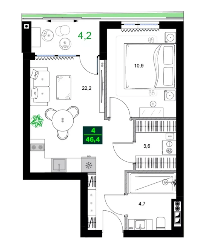 Cosy and bright one-bedroom apartment 46.40 sq.m. in