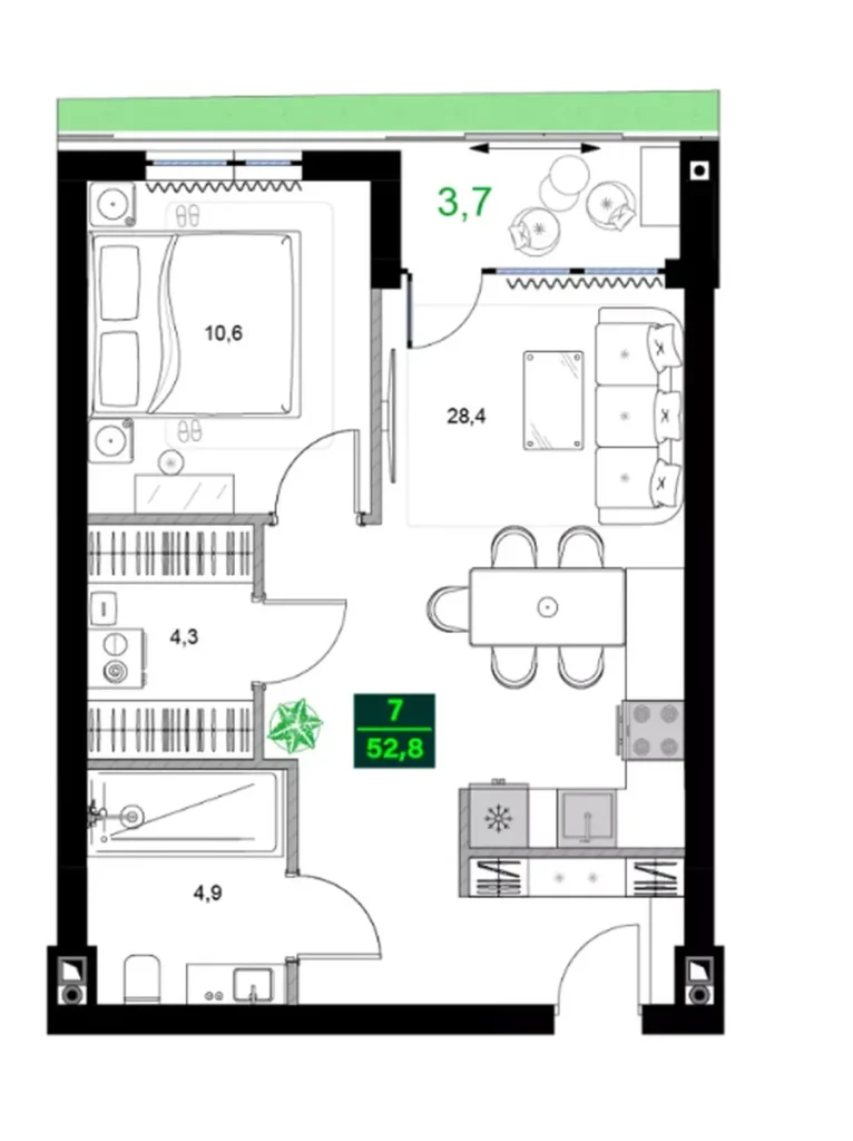 Bright studio flat 52.80 m² in