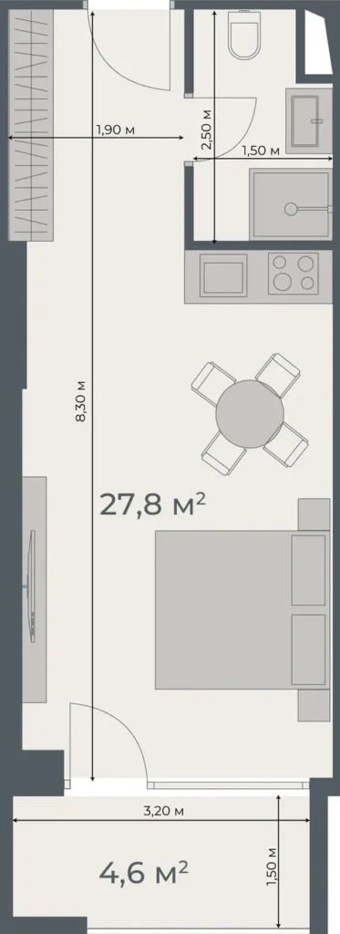 Functional and stylish studio of 32.40 sq. m. in