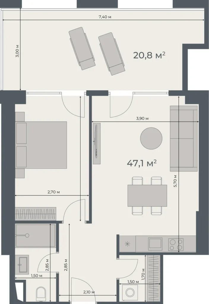 Unique studio flat 67.90 sq.m in