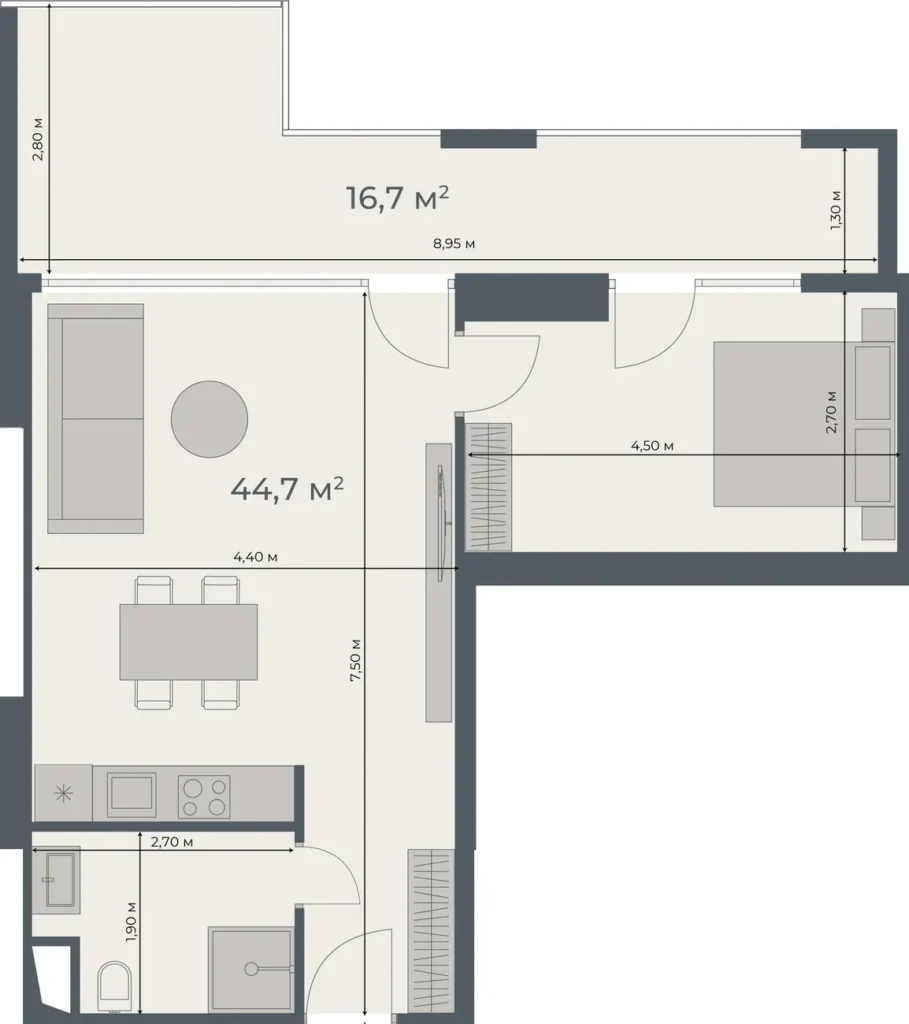 Przestronny apartament z jedną sypialnią i ogromnym tarasem o powierzchni 61,40 m².