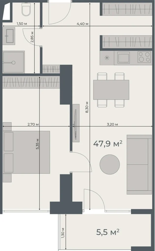 Przestronny pokój jednoosobowy z panoramicznym balkonem o powierzchni 53,40 mkw. w