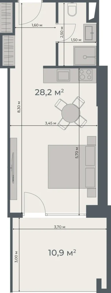 Studio with terrace-living room 39.10 m² in