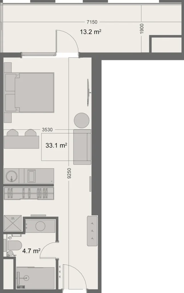 Studio with large terrace 46.30 m² in