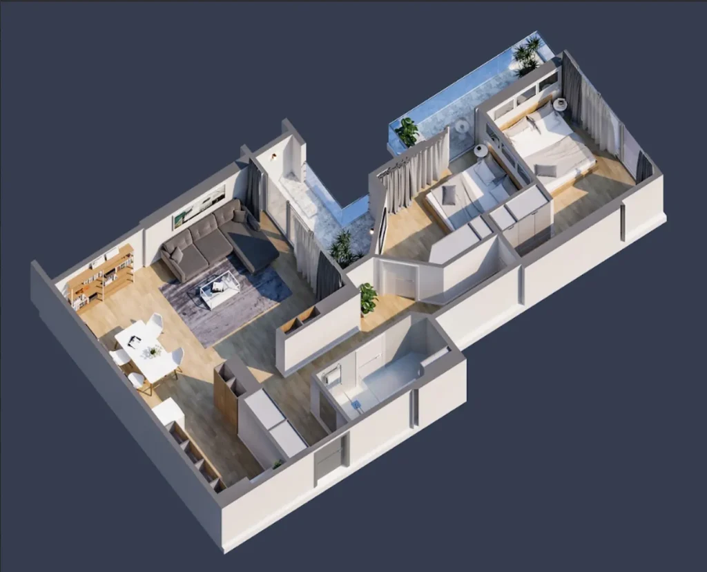 İki balkonlu geniş iki yatak odası 89,73 metrekare