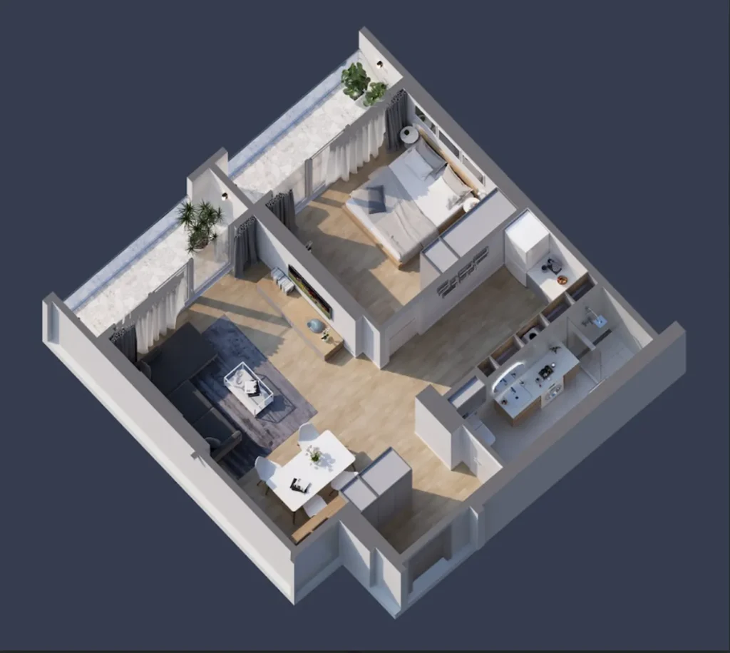 1-Schlafzimmer-Wohnung mit einer Gesamtfläche von 65,20 Quadratmetern in