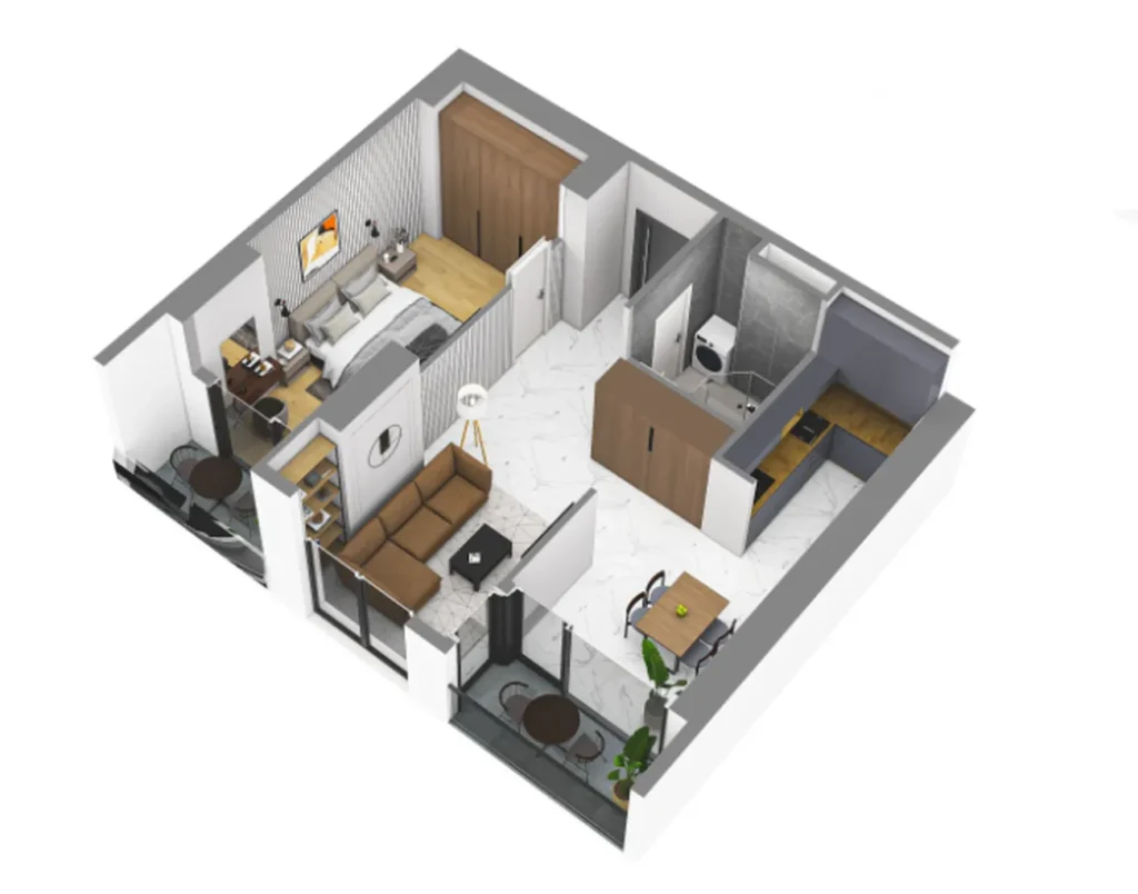 Przestronny, panoramiczny pokój z jedną sypialnią o powierzchni 60,60 m² w