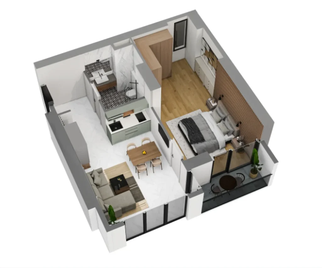 Przestronny apartament z jedną sypialnią na własność o powierzchni 55,90 mkw. w Warszawie.