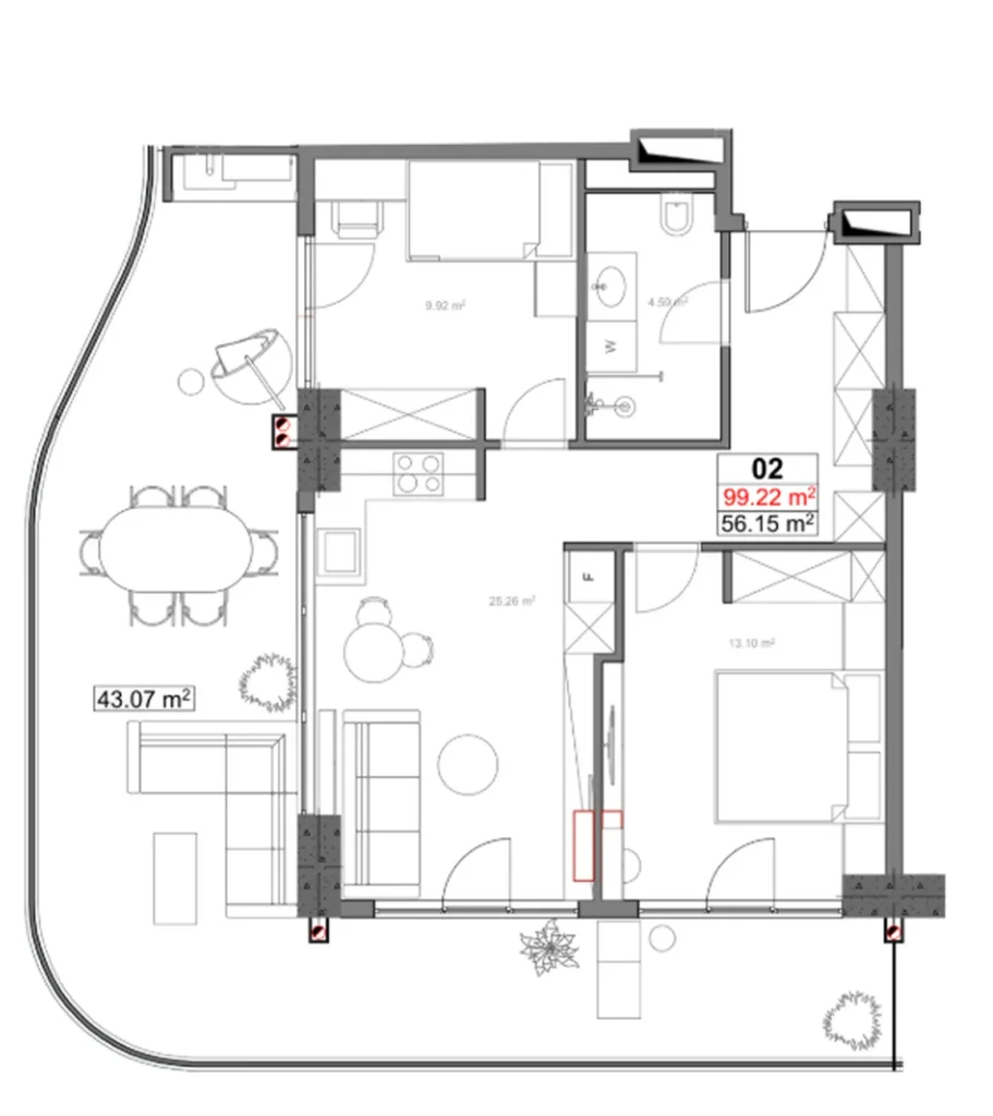 Просторная 2-комнатная квартира 99.22 м² в