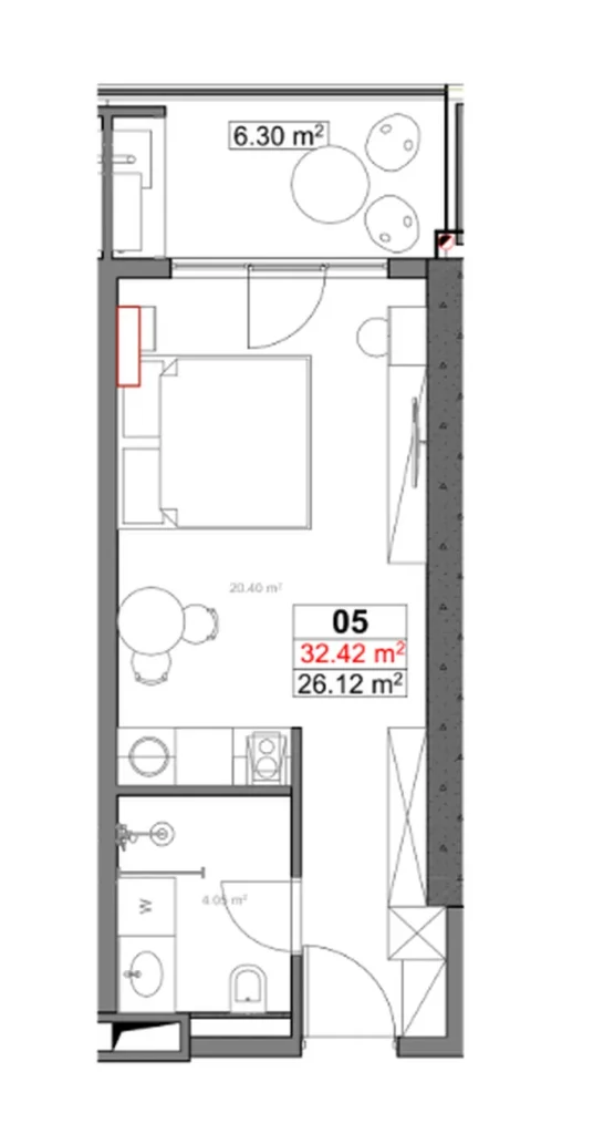 Cosy studio with panoramic balcony 32.42 sq.mt in