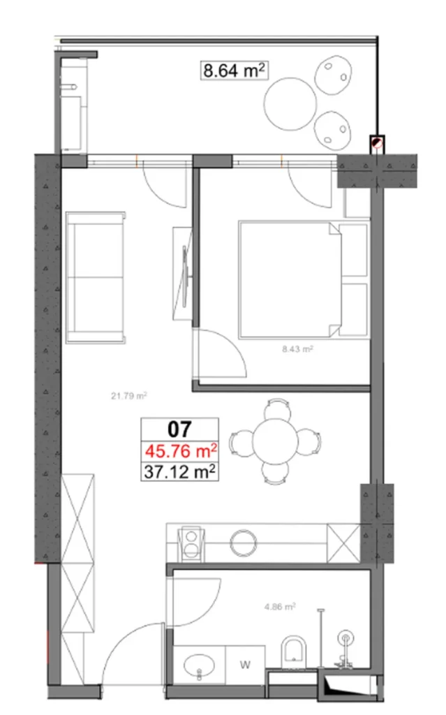 Modern 1-bedroom studio flat 45.00 m² in
