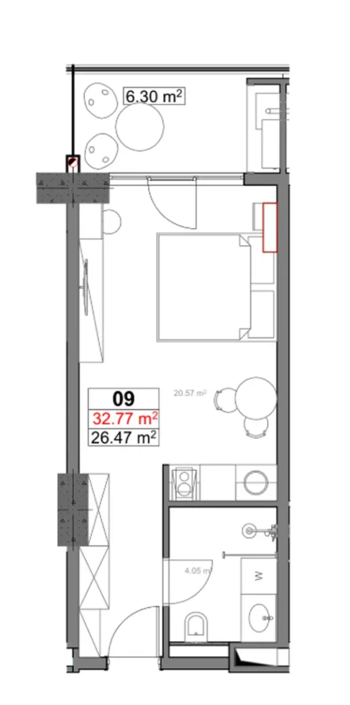 Sunny studio 32.77 m² in