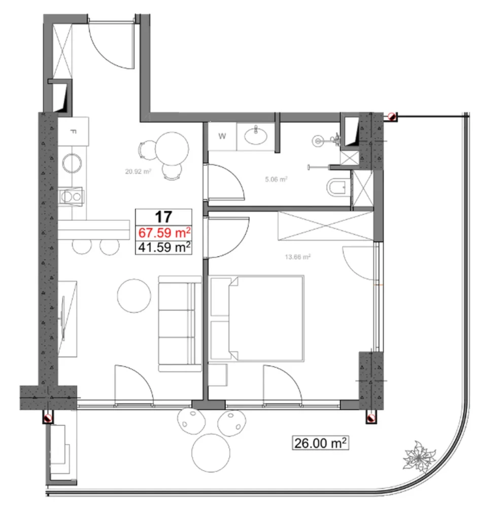Przestronny apartament z jedną sypialnią o powierzchni 67,50 mkw. w