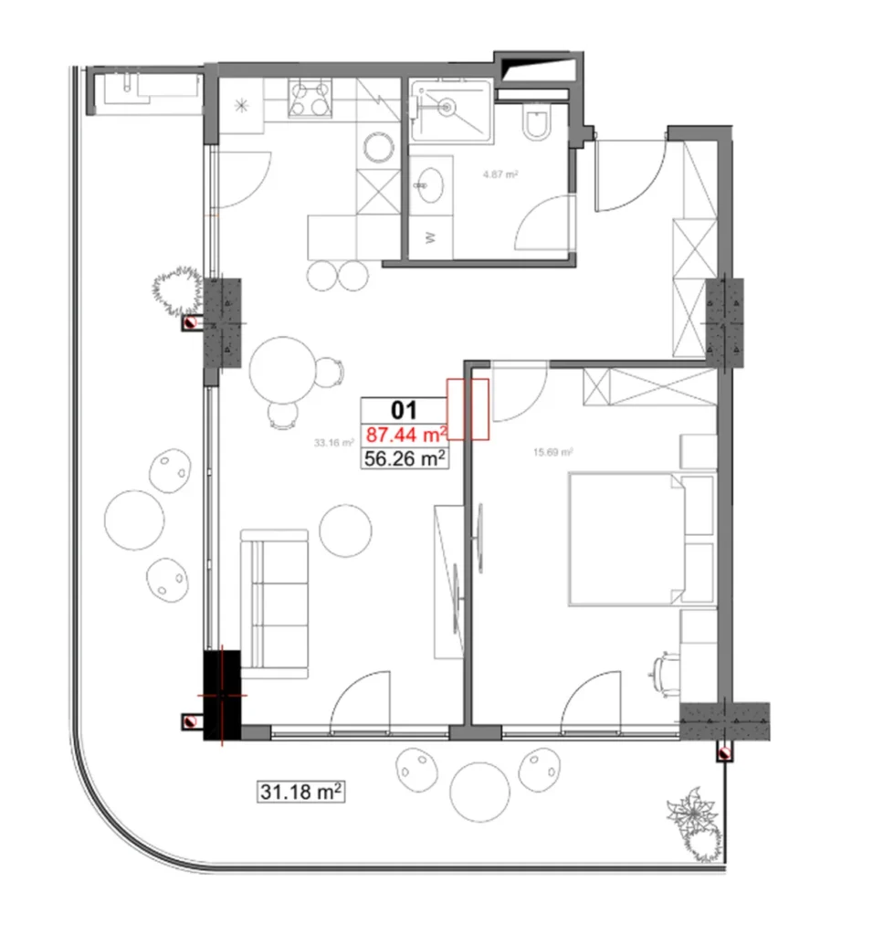 Przestronny, nowoczesny apartament z jedną sypialnią o powierzchni 87,44 mkw. w