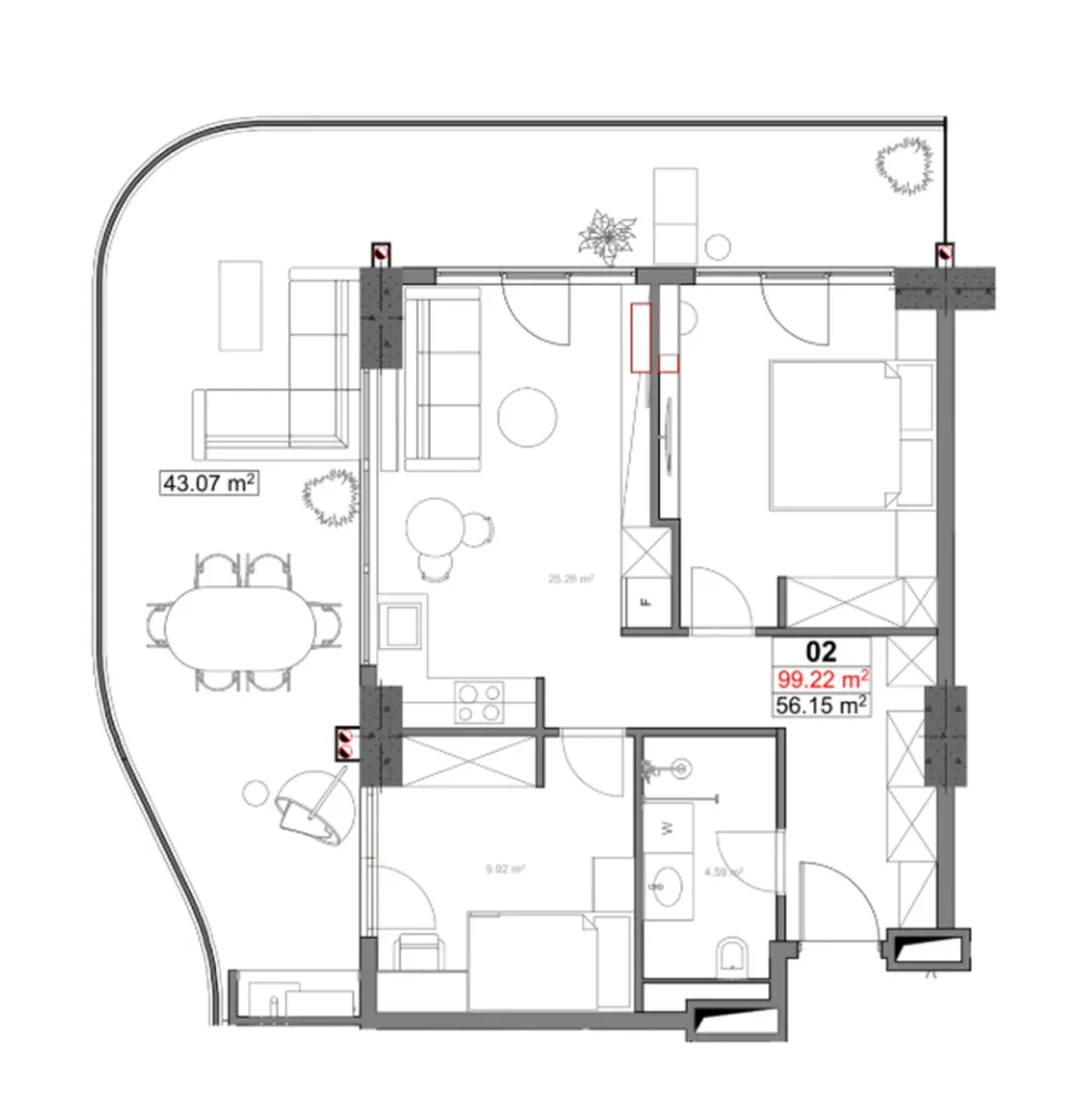 Светлая квартира с двумя изолированными комнатами 99.22 м² в