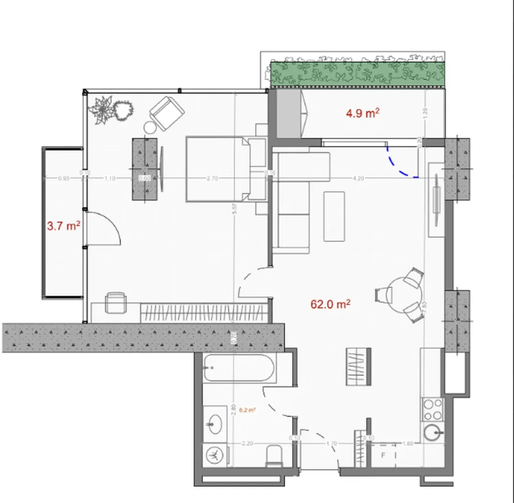 Przestronny apartament z jedną sypialnią i panoramicznym balkonem o powierzchni 72,40 mkw. w