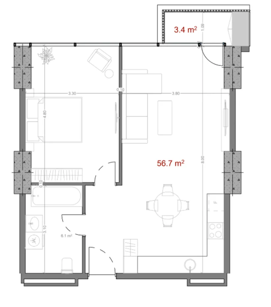 Светлая однушка 60.00 м² в