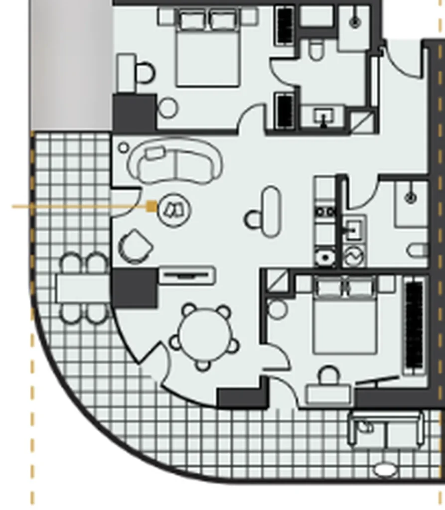 Byt s jednou ložnicí a terasou u moře o rozloze 108,40 m2 v