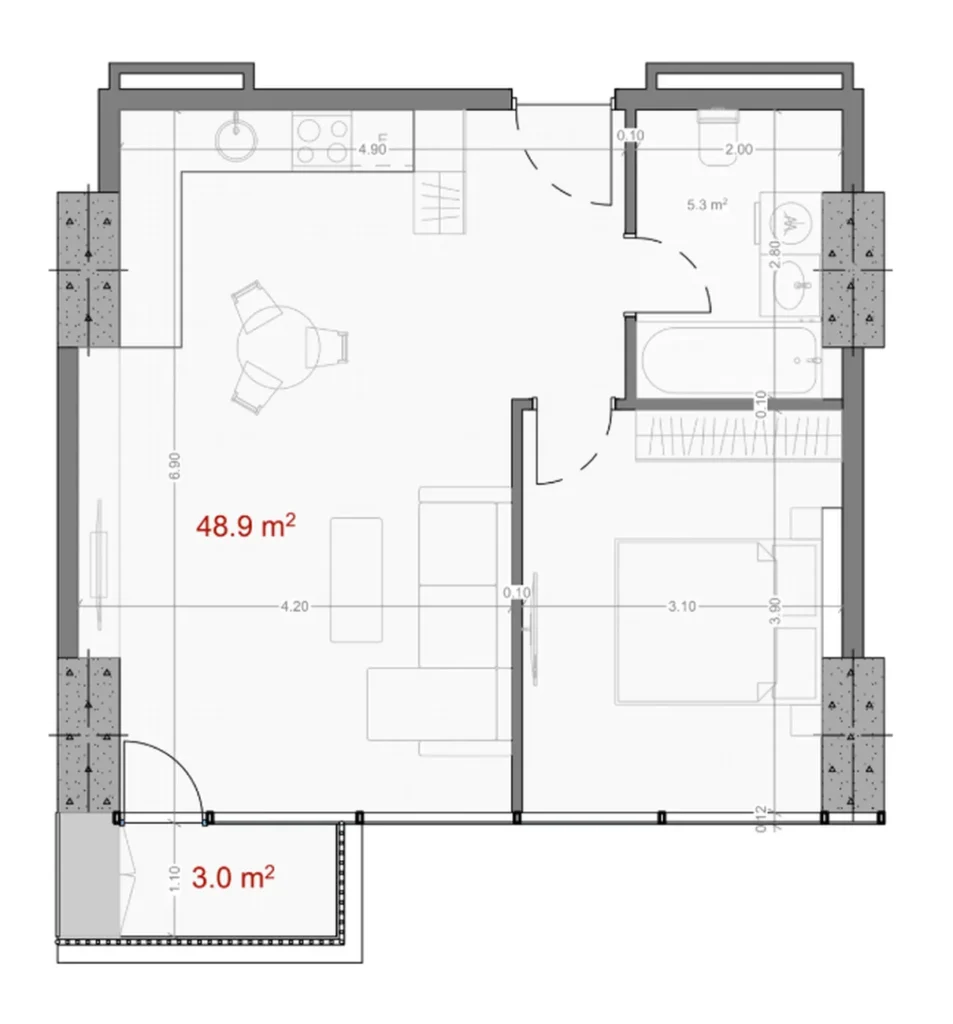 Spacious bright one-bedroom with a view 51.30 sq.m. in