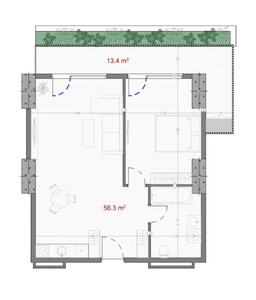 Przestronna sypialnia z tarasem o powierzchni 72,20 m² w