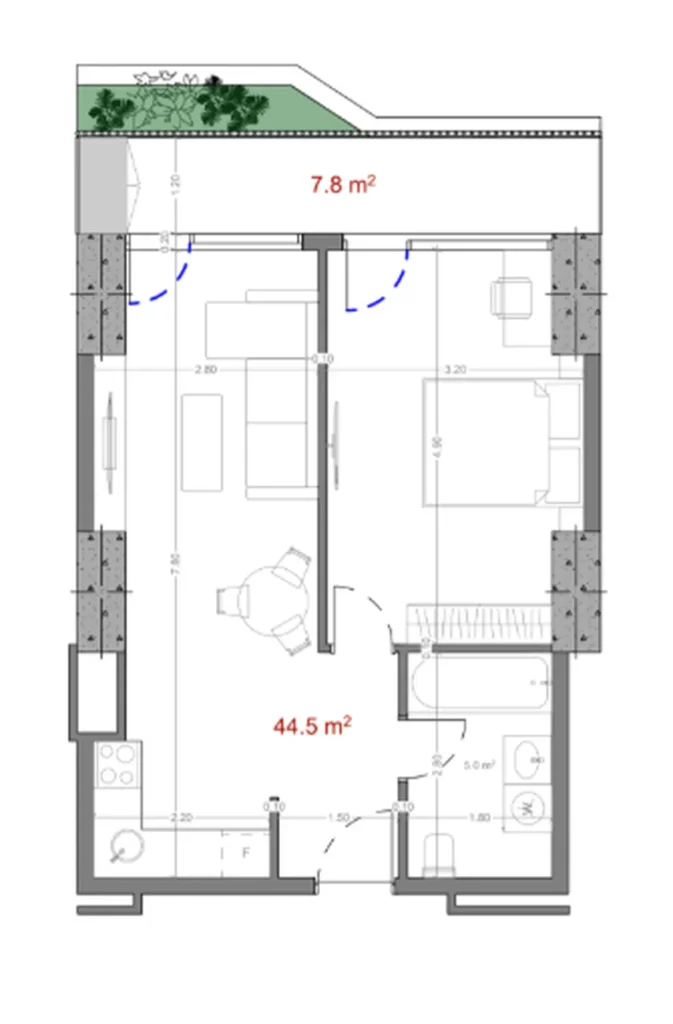 Светлая и просторная 1 комнатная квартира 52.80 м² в