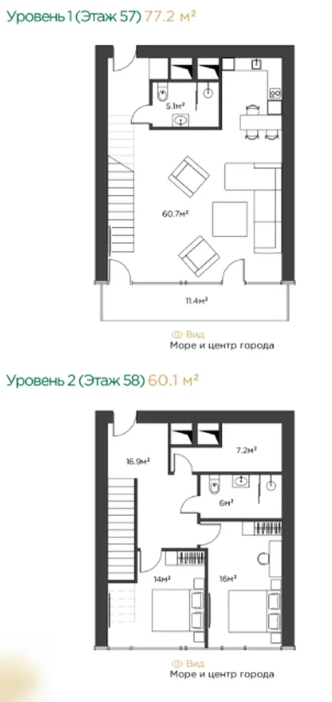 Duplex au 57ème étage de 137.30 m² en