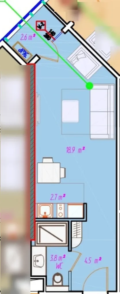 Bright studio of 33.90 sq. m. in