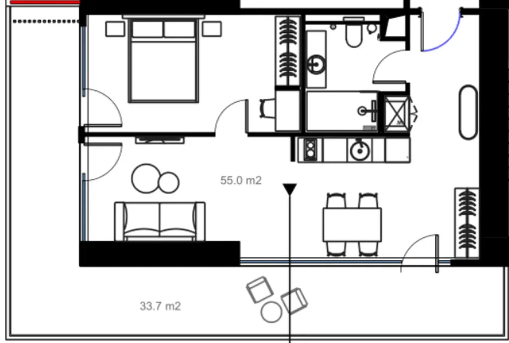 Secluded one-bedroom with terrace 88.70 m² in