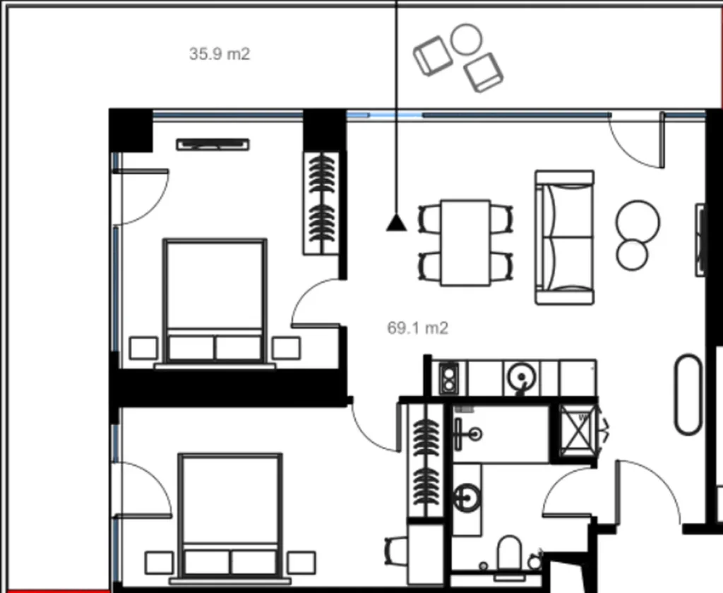 Комфортная двухкомнатная квартира 105.00 м² в