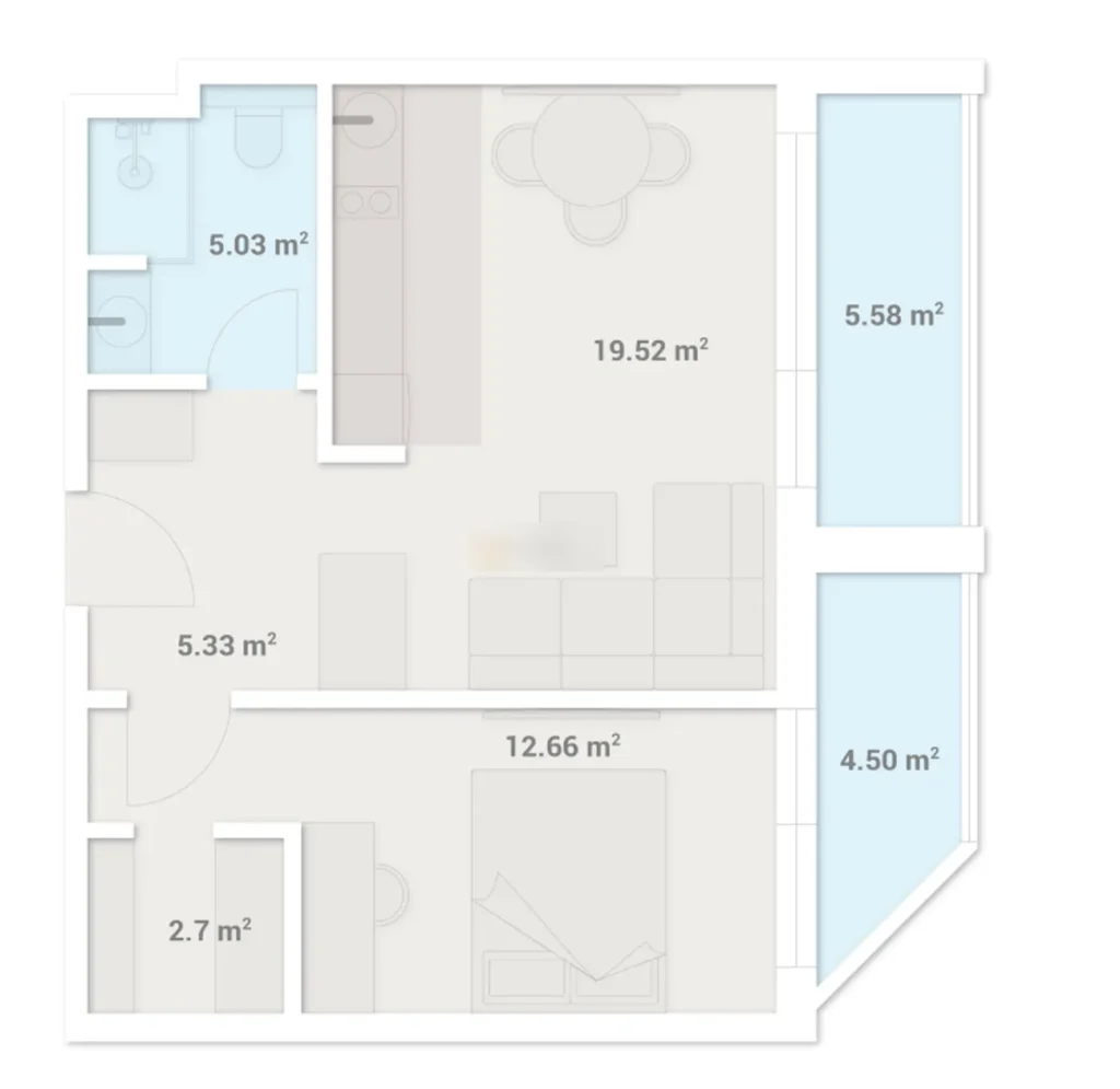 Spaziosa camera da letto con due balconi 55,3 m2 in