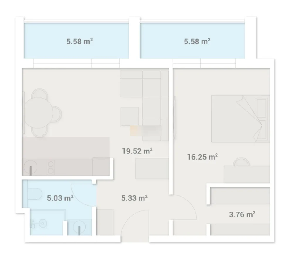 Spaziosa camera da letto con due balconi 55,3 m2 in