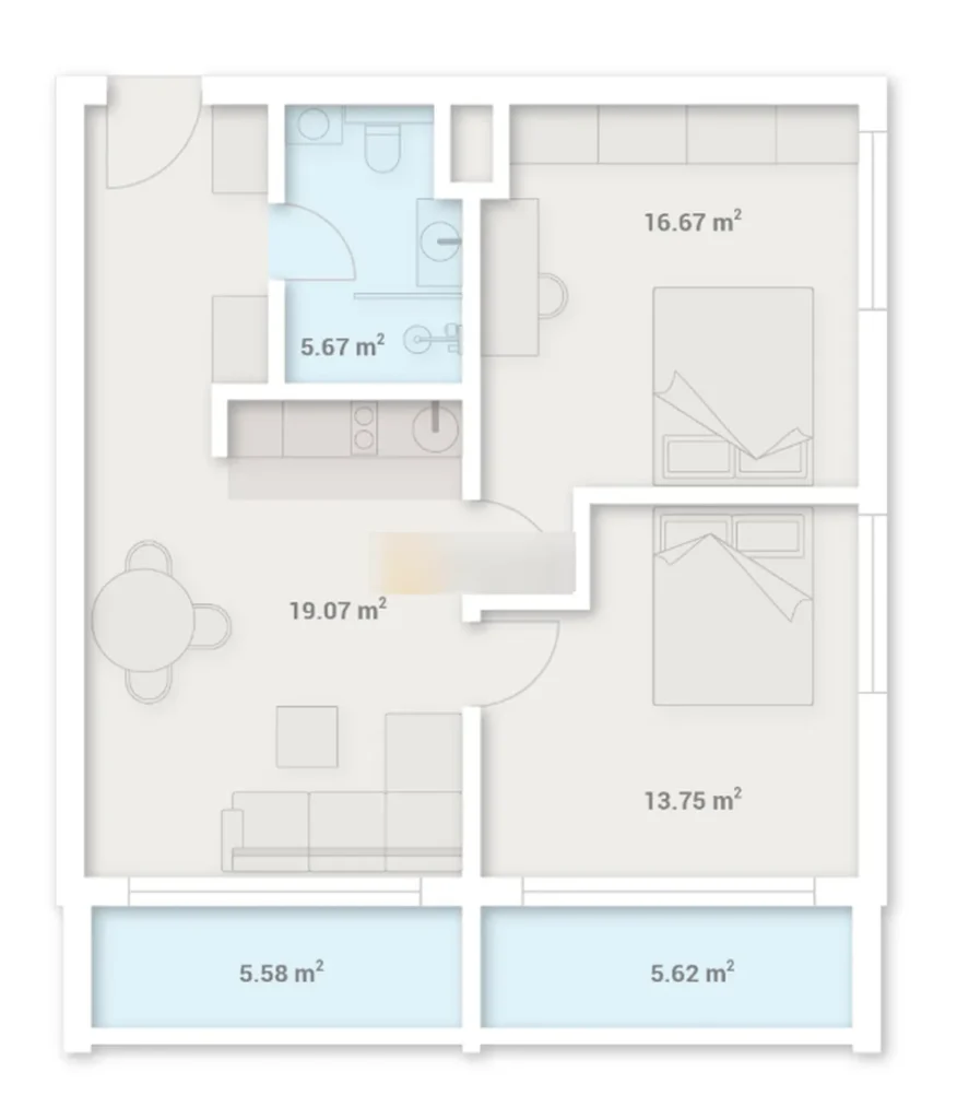Spazioso appartamento con una camera da letto e due balconi di 72 mq.