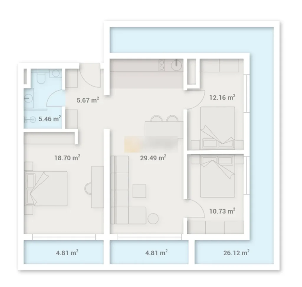 Appartamento con due camere da letto e tre balconi 85 m² a