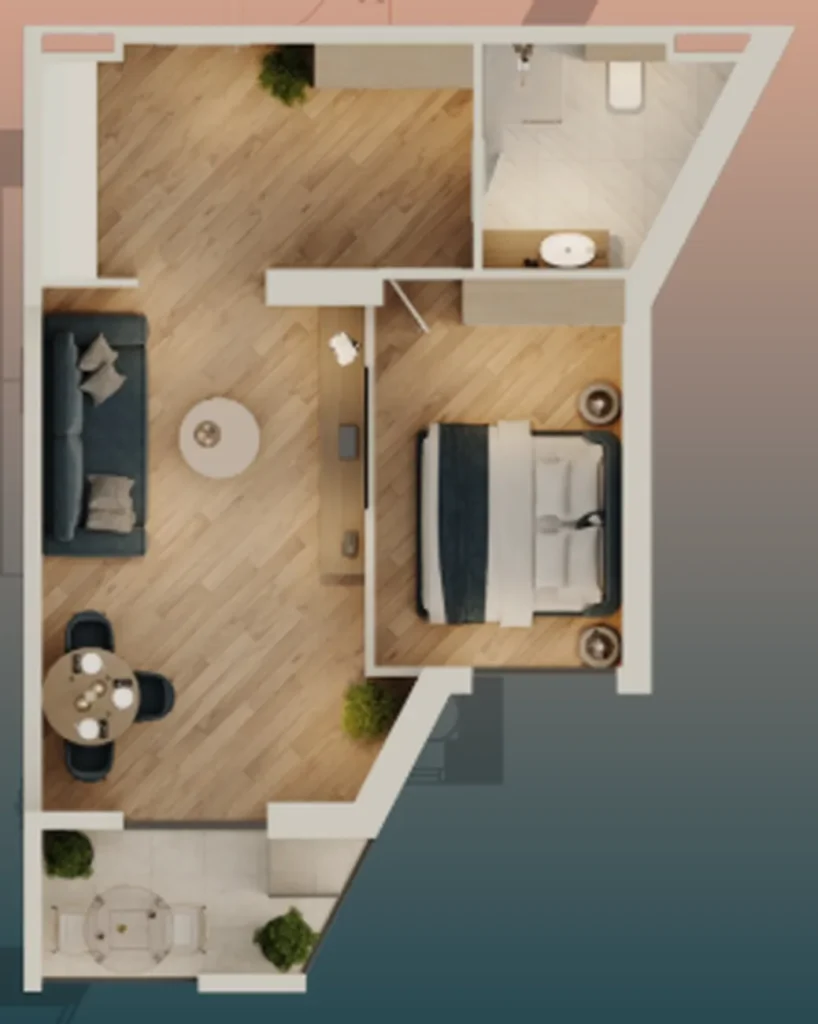 Luminoso appartamento con 1 camera da letto e balcone 51,4 m² in