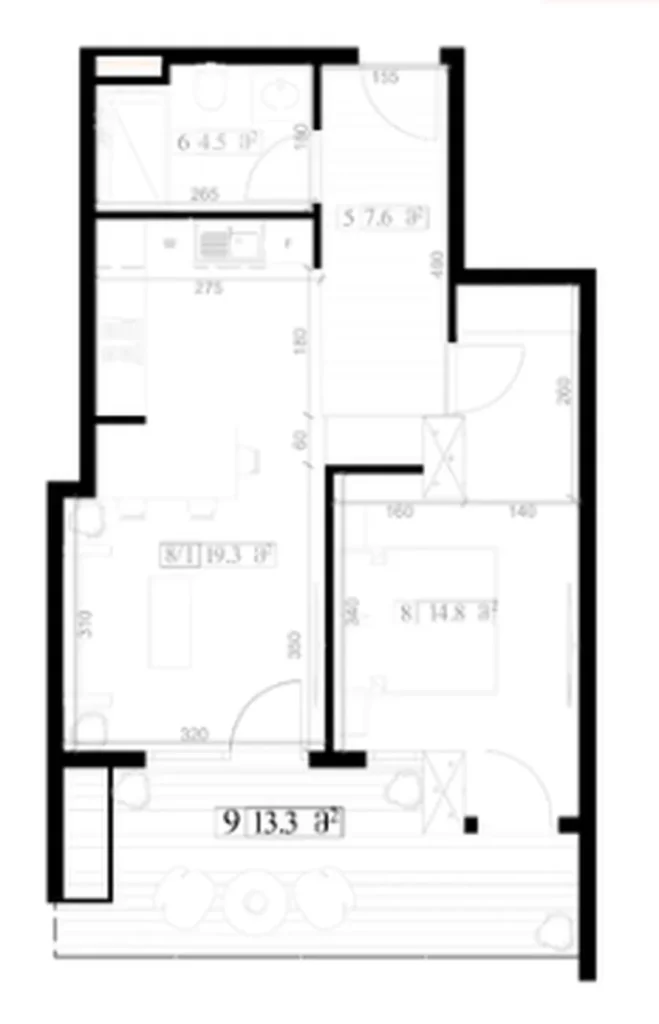 Studio con balcone 39,5 m² in