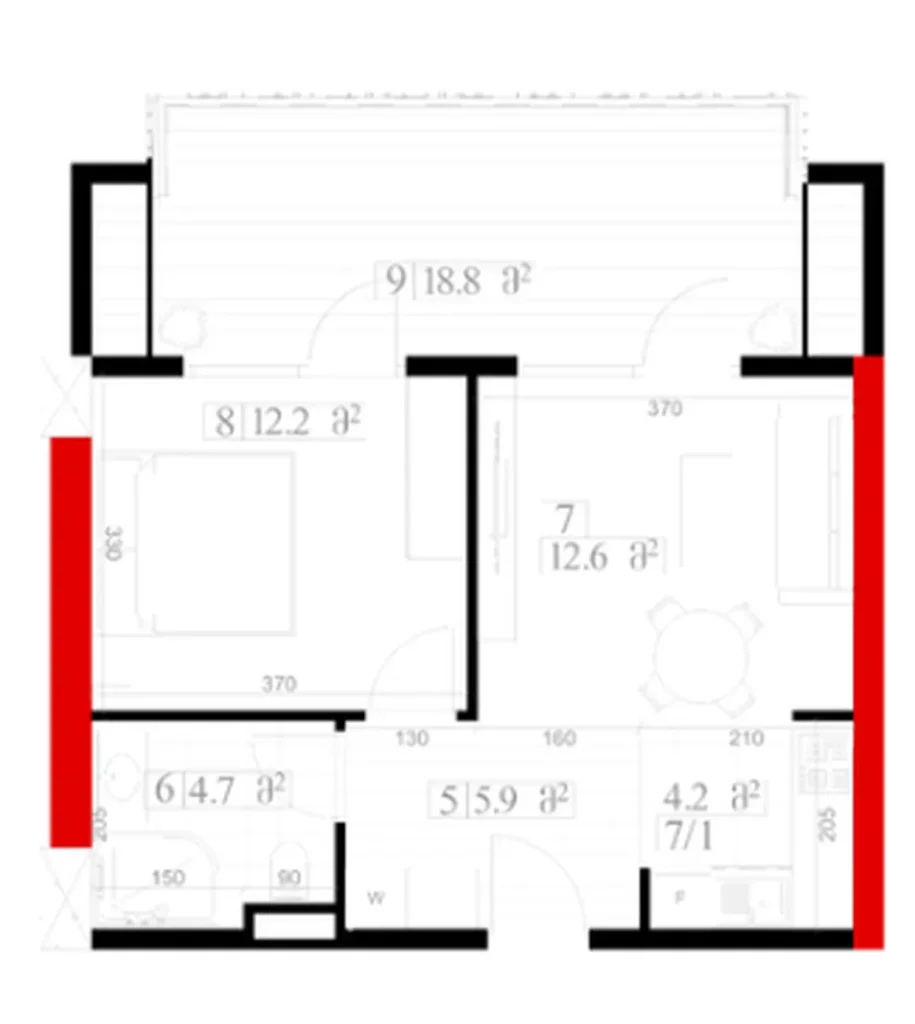 Spaziosa camera da letto con ampio balcone di 61 mq. in