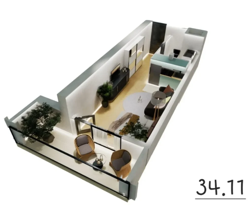 Studio laconico in un grattacielo 34,11 m² in