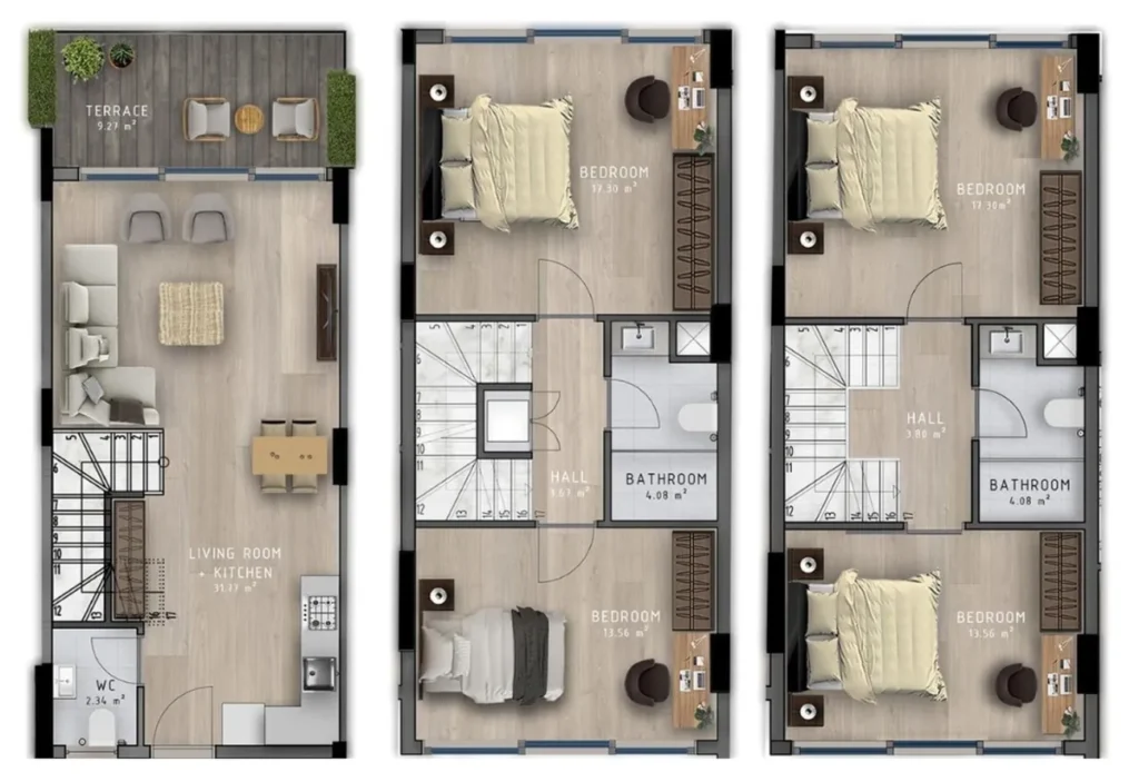 Villa de trois chambres à coucher sur trois étages de 135,31 m² dans un quartier résidentiel.