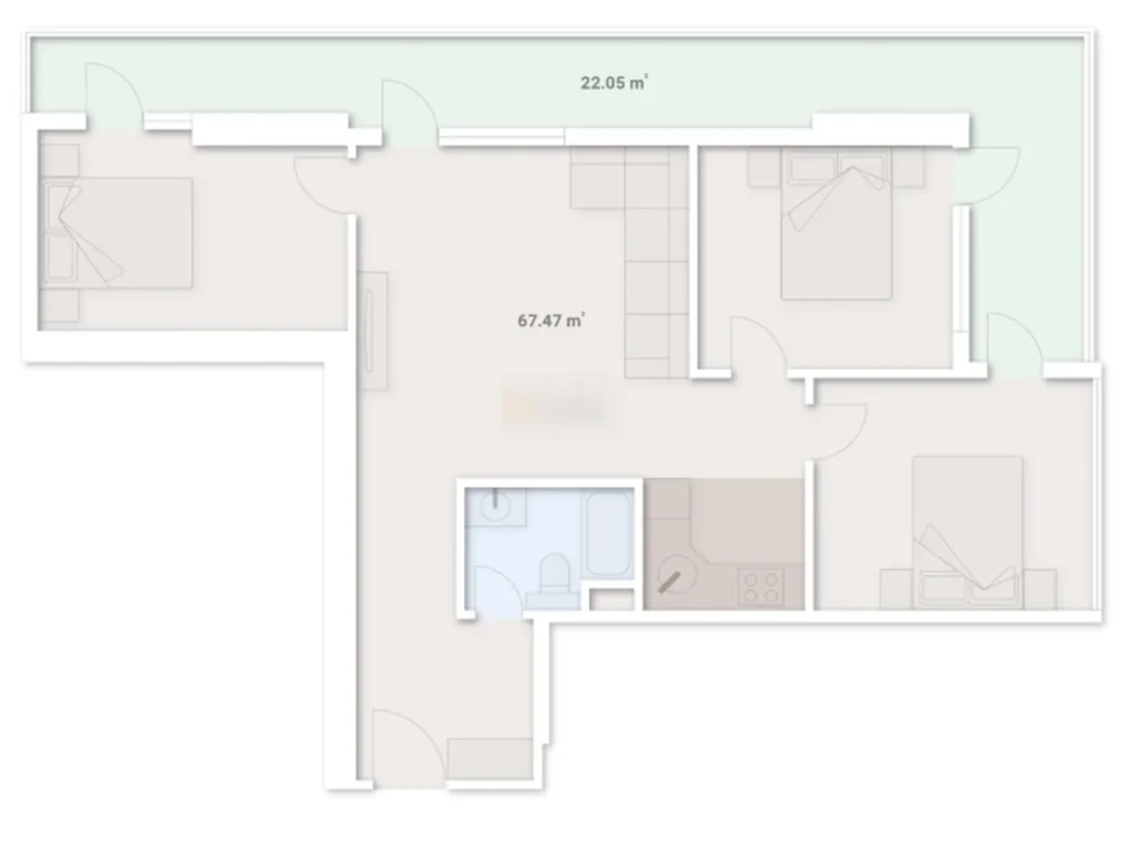Светлая 2-комнатная квартира 65.74 м² в