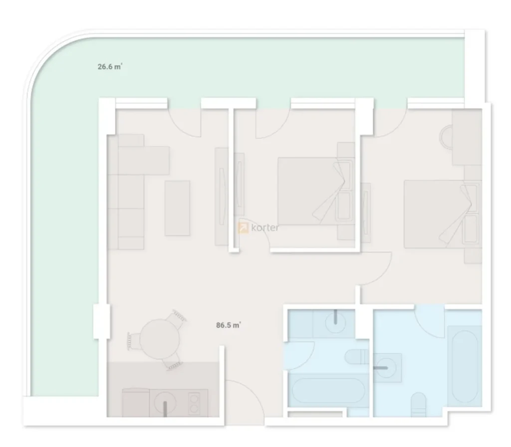 Однокомнатная квартира за городом 59.3 м² в