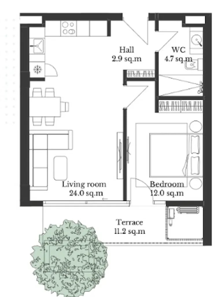 Стильная однушка с просторной террасой 57.5 м² в