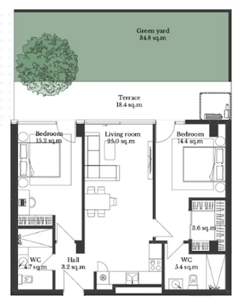 Двушка с садом и террасой 123.8 м² в