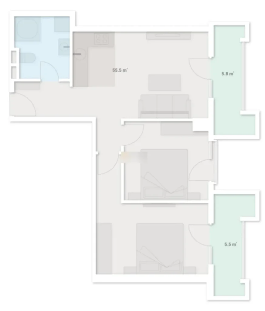 Amplio piso de dos habitaciones en una zona verde, de 66,8 m², en