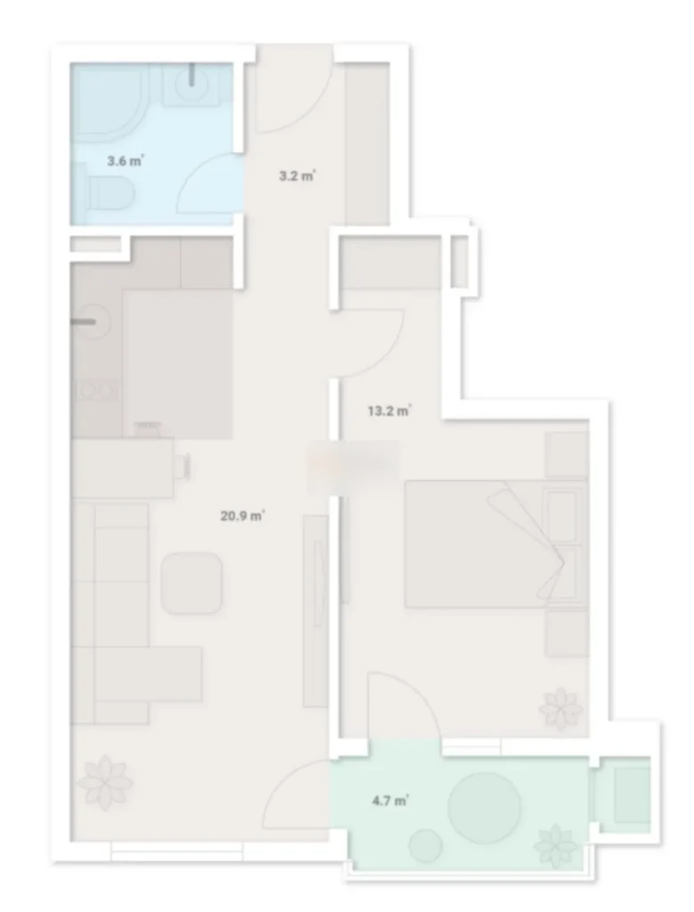 Útulný jednopokojový byt se zeleným dvorem o rozloze 46,9 m² v