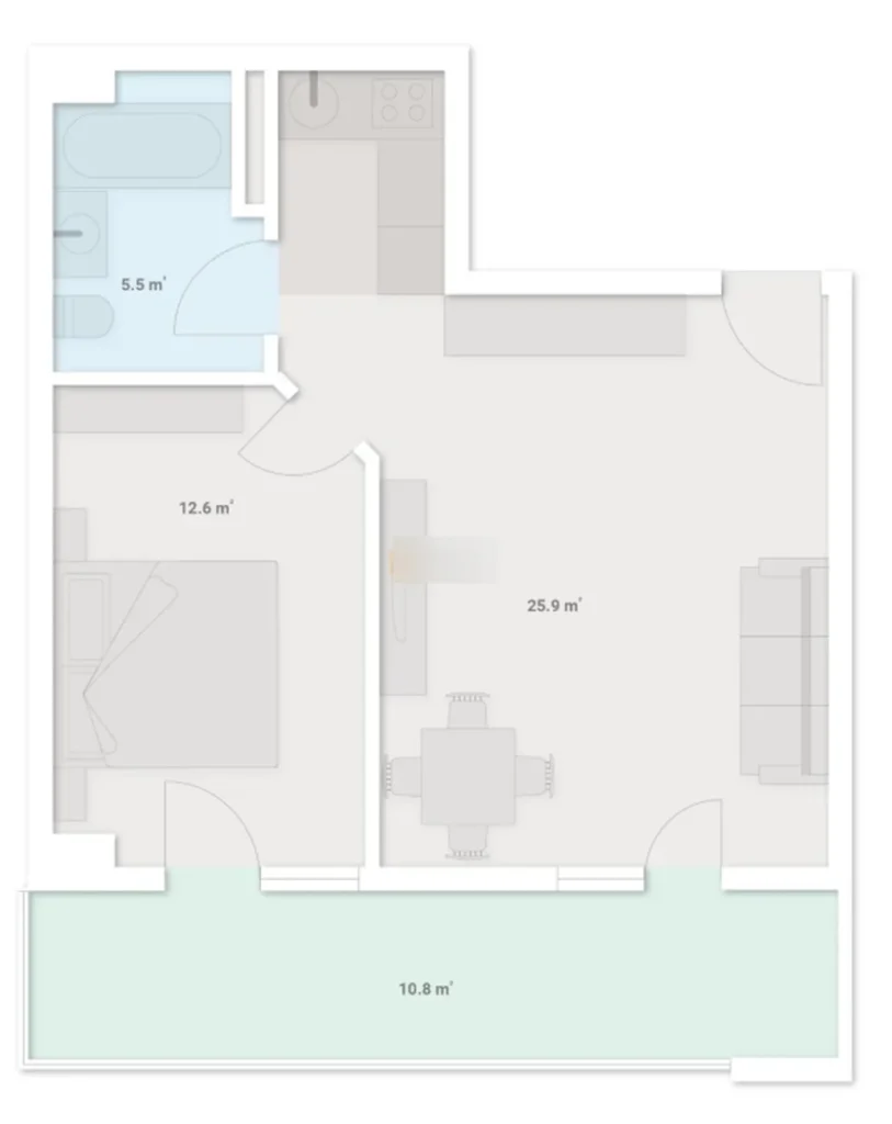 A stylish one-bedroom flat measuring 54.8 m² in