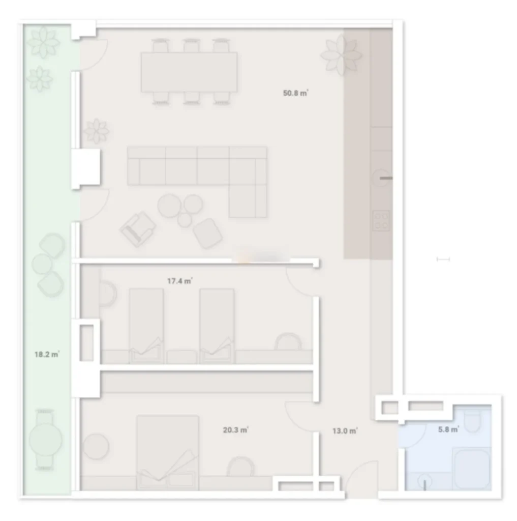 A bright one-bedroom flat measuring 122.5 m² in