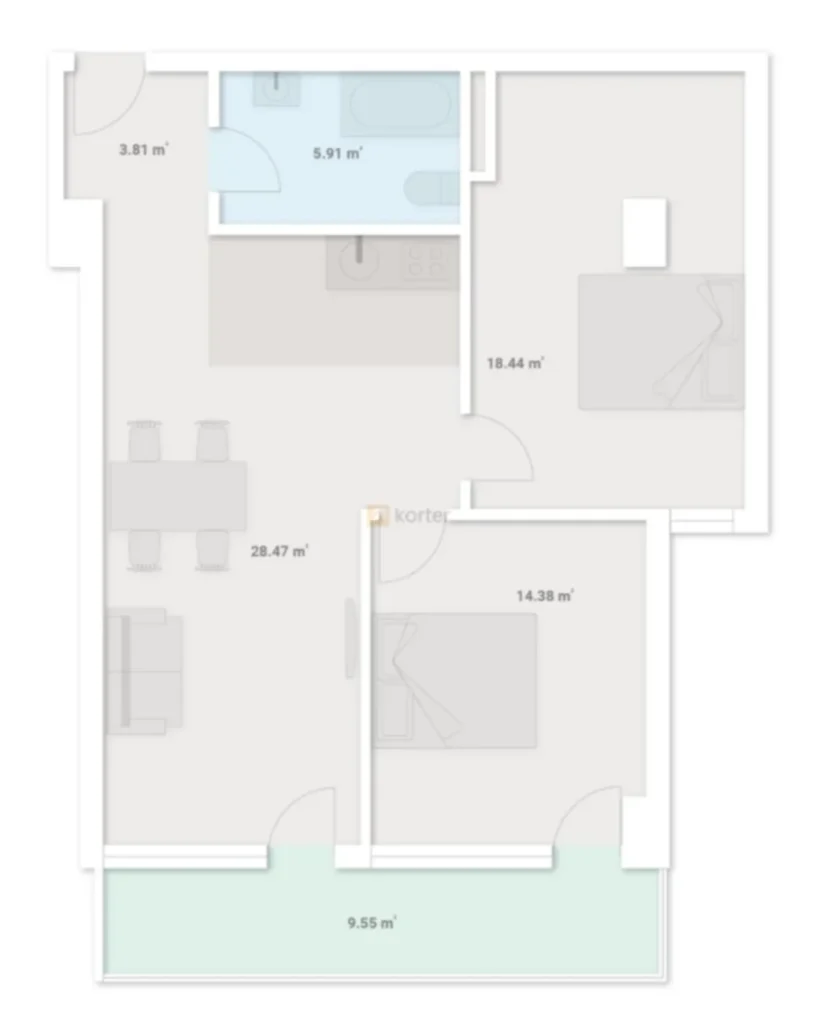 A bright one-bedroom flat with a balcony and views of greenery, 62.01 m² in