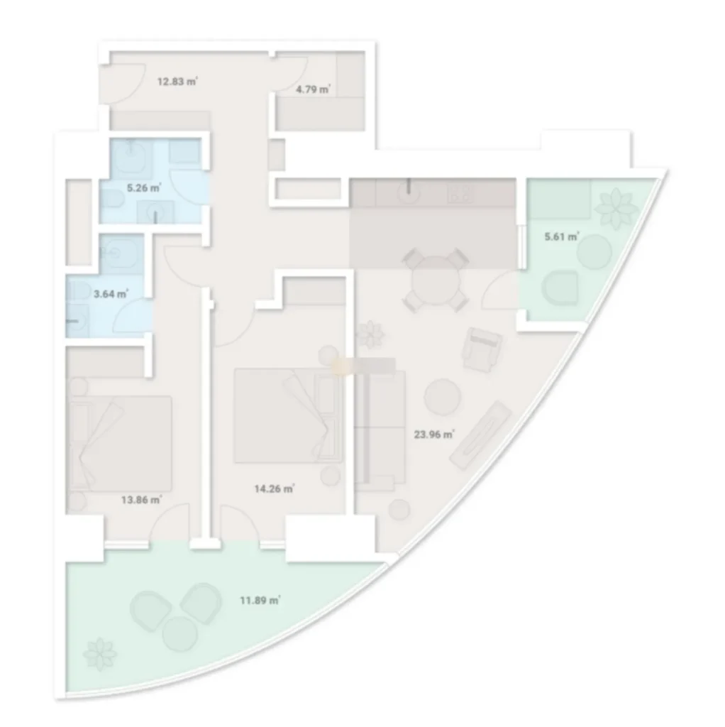 Prostorný jednopokojový byt o rozloze 56,76 m² v